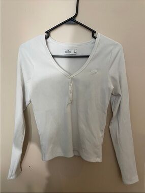 Hollister White Ribbed Long Sleeve Henley Top